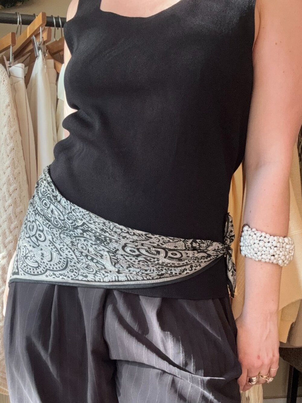 Large Vintage Black & White Silk Paisley Scarf